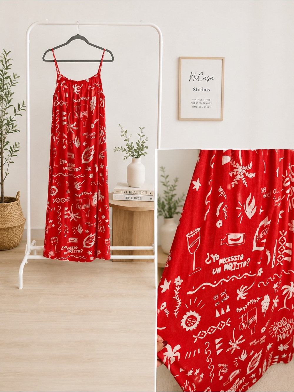 Red Printed Mojito Tropical Maxi Slip Dress with Thin Straps